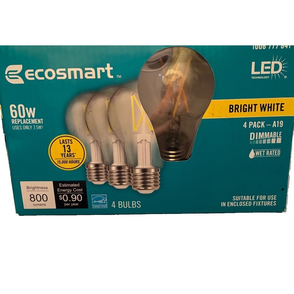 (4-Pk) EcoSmart A19 Dimmable Clear Glass Filament LED Light Bulb Bright White - Picture 2 of 5